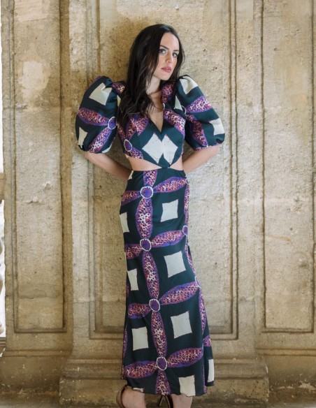 Midi party dress with balloon sleeves and cut-out waist