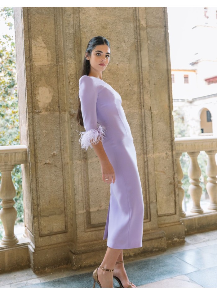 Plain midi party dress with french feather sleeves