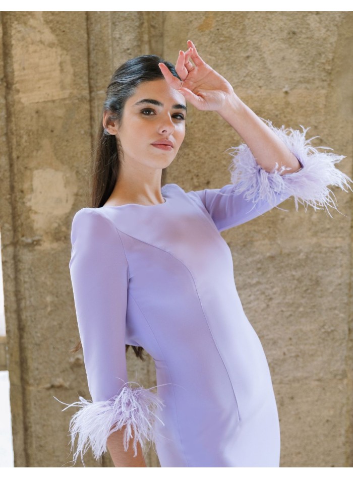 Plain midi party dress with french feather sleeves