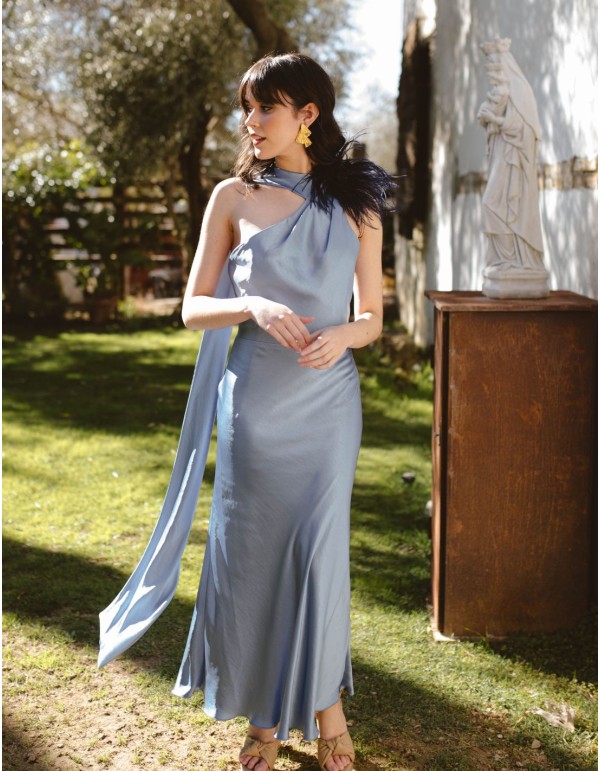 Vestido midi de fiesta satinado con escote asimétrico y...