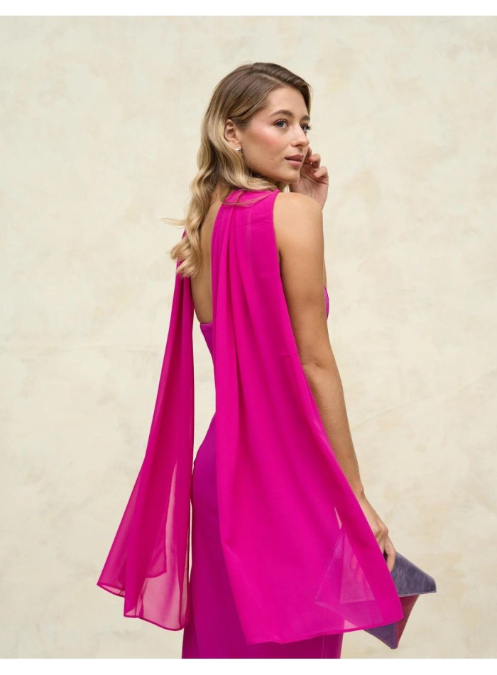 Long party dress with side ruffle.