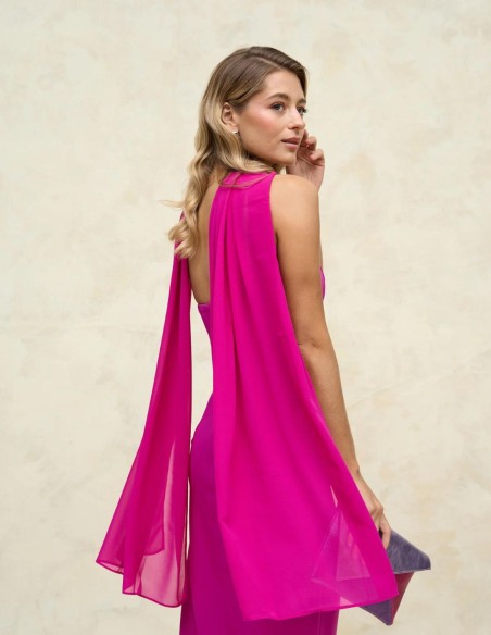 Long party dress with side ruffle.