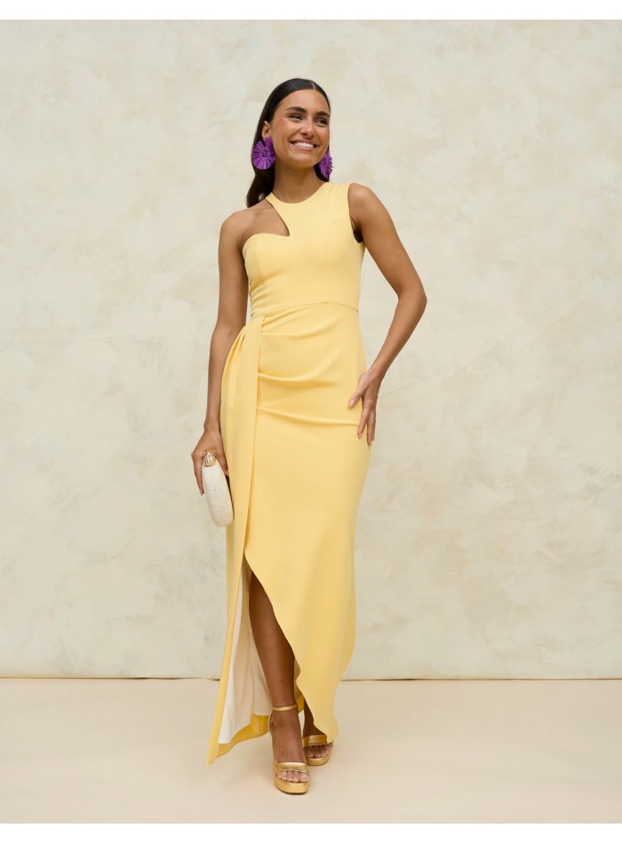 Midi party dress with halter neckline and crossover skirt