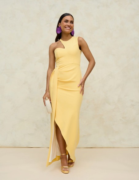 Vestido de fiesta midi con escote halter y falda cruzada