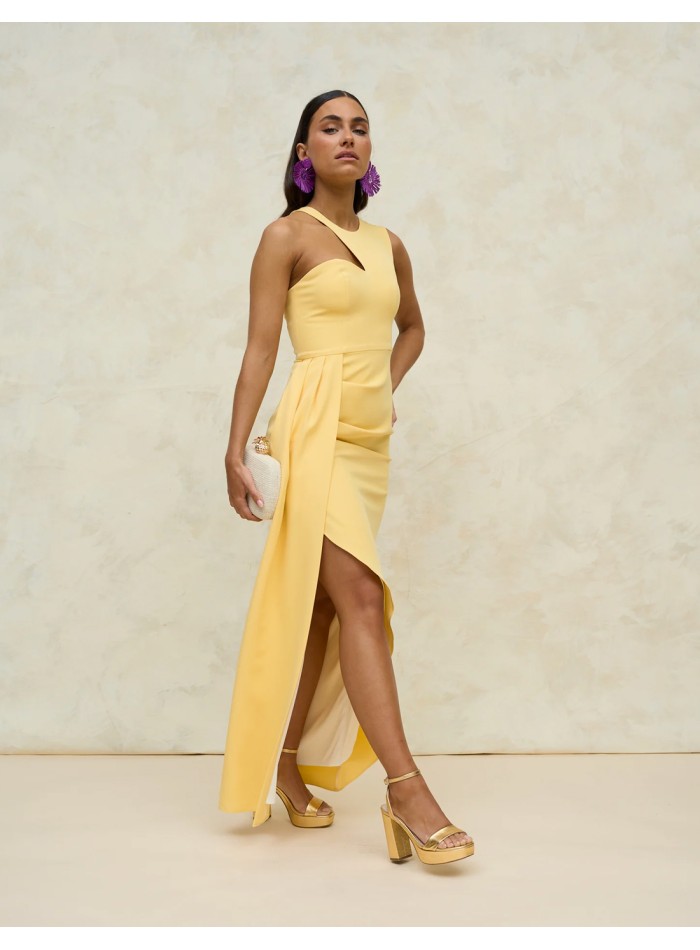 Midi party dress with halter neckline and crossover skirt