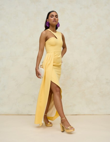 Midi party dress with halter neckline and crossover skirt