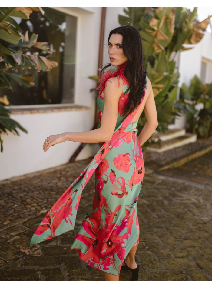 Vestido midi de fiesta estampado tropical...