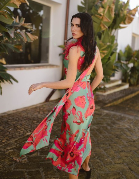 Robe asymétrique de soirée à imprimé tropical