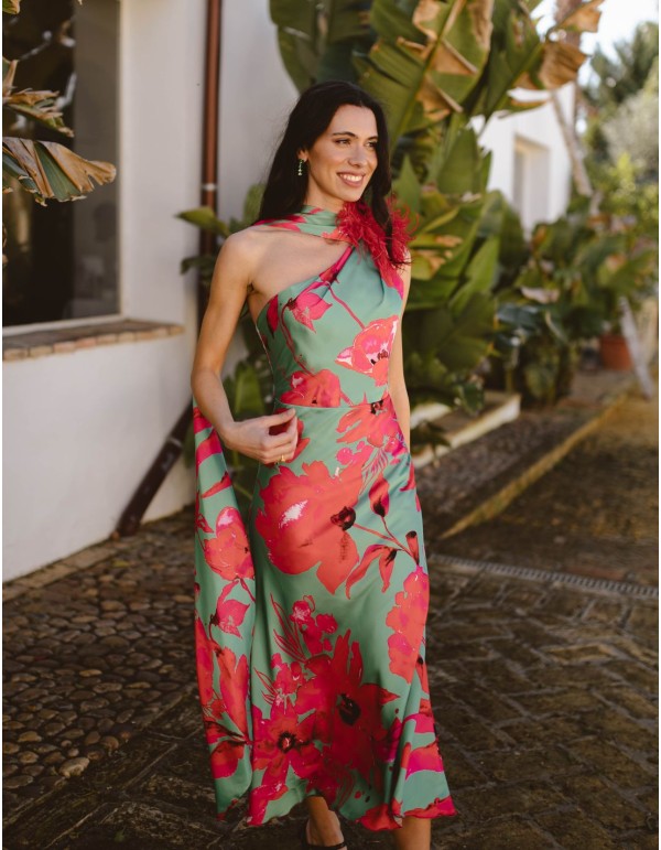 Asymmetrical tropical print midi party dress