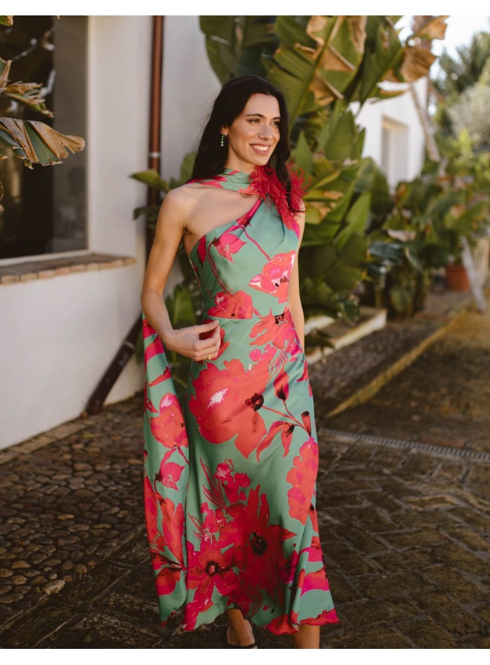 Asymmetrical tropical print midi party dress