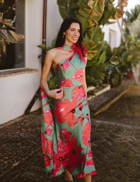 Robe asymétrique de soirée à imprimé tropical
