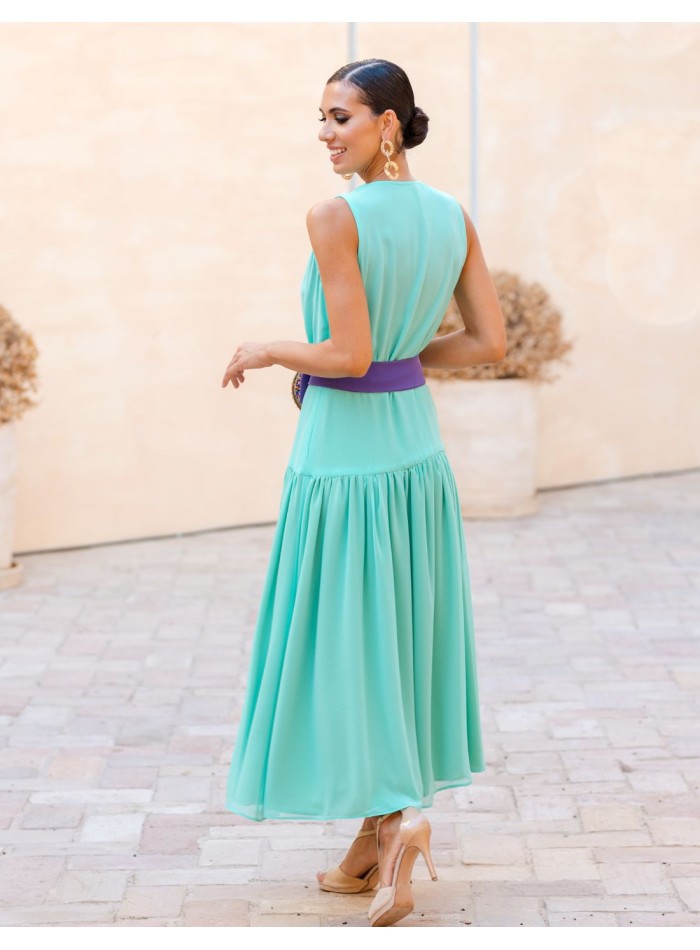 Vestido midi de fiesta turquesa con cinturón...