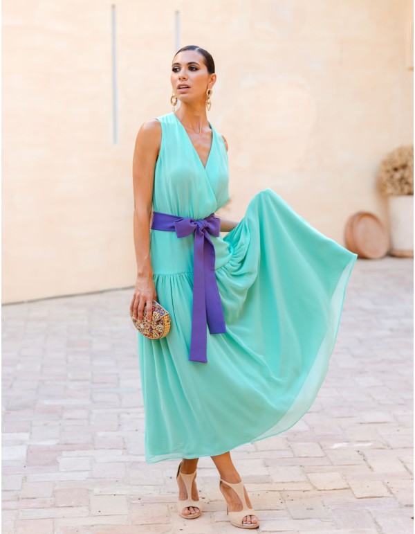 Robe de soirée midi turquoise avec Ceintures violettes