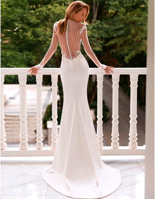 infinity back wedding dress with transparencies and lace sleeve with rhinestones 2