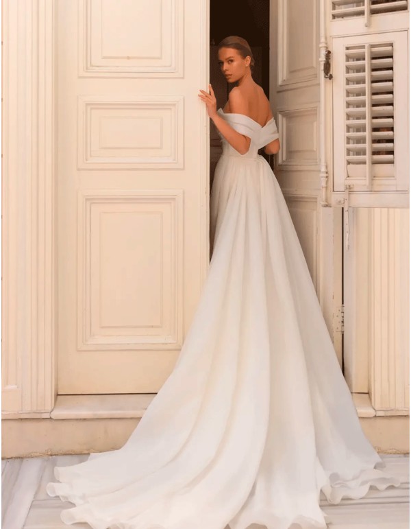 wedding dress with bandeau neckline and draped bodice 2