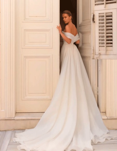 wedding dress with bandeau neckline and draped bodice