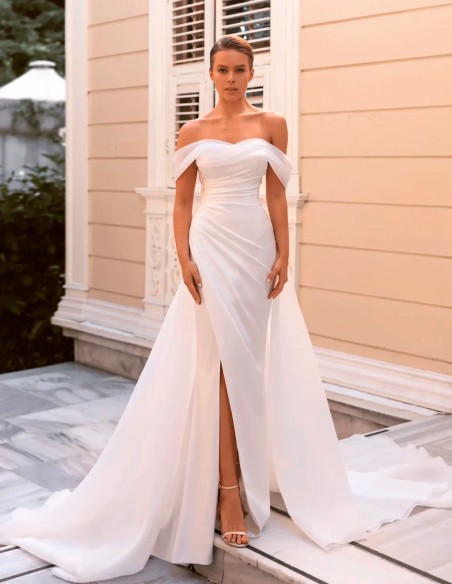 wedding dress with bandeau neckline and draped bodice
