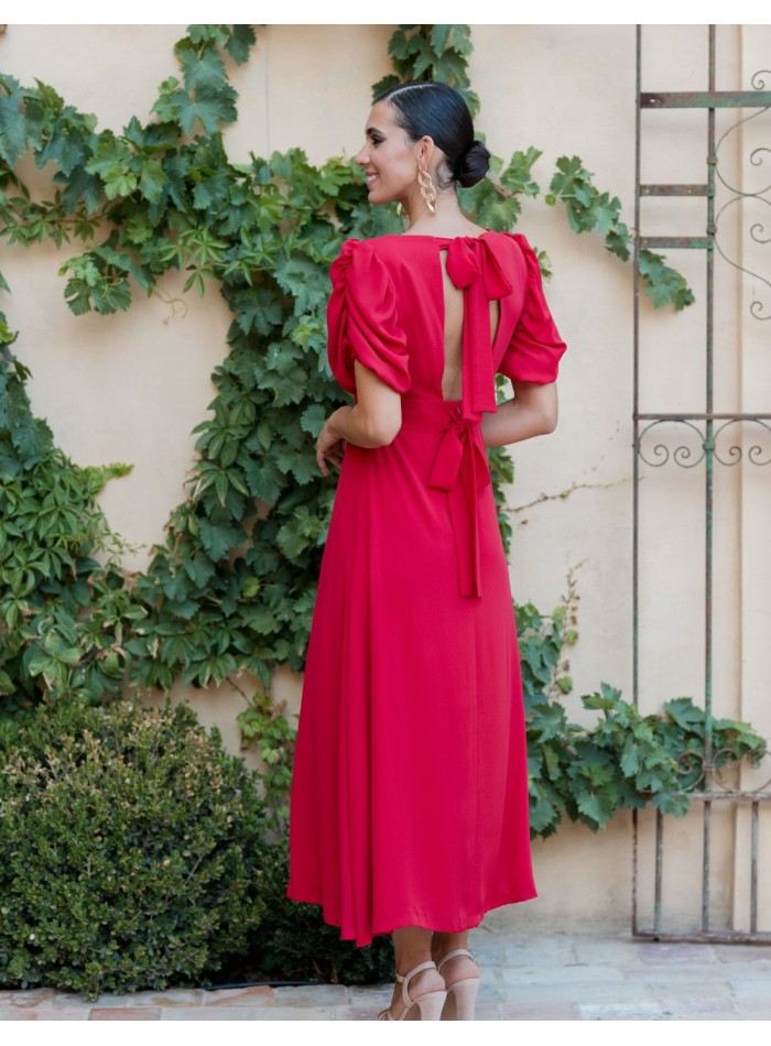 Flared midi dress with draped bodice and short puffed sleeves