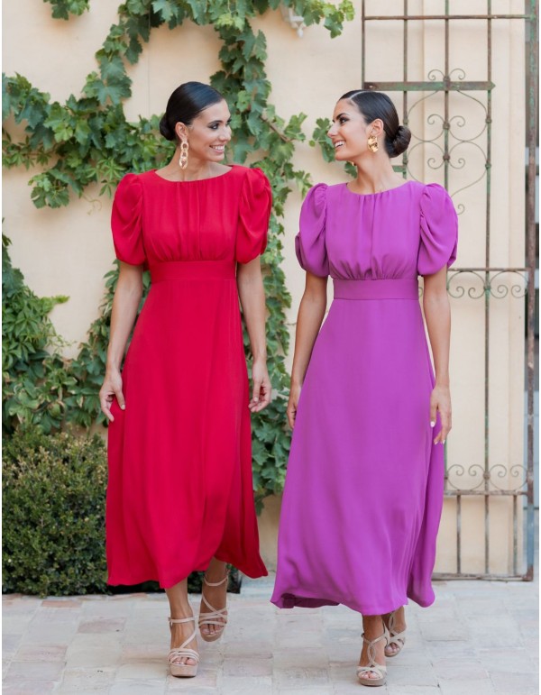 Flared midi dress with draped bodice and short puffed...