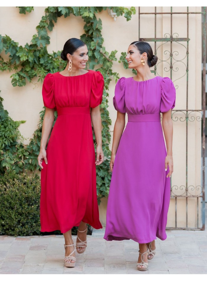 Flared midi dress with draped bodice and short puffed sleeves