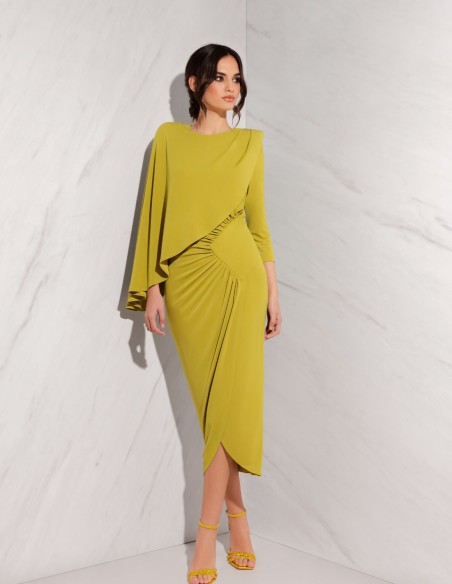 Draped midi party dress with semi cape