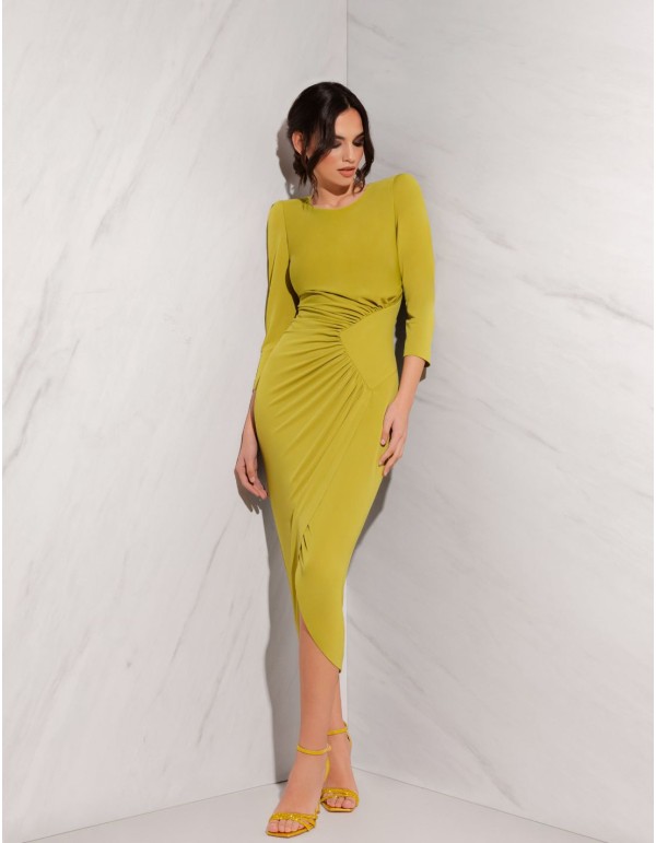 Draped midi party dress with semi cape
