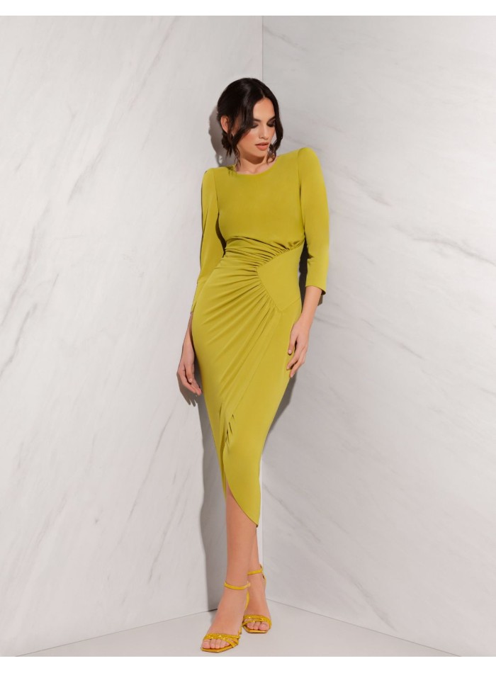 Draped midi party dress with semi cape