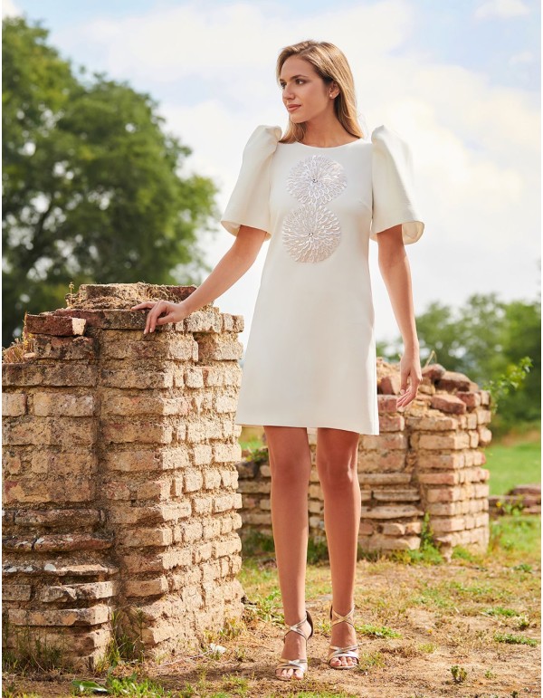 Short party dress with puffed sleeves.