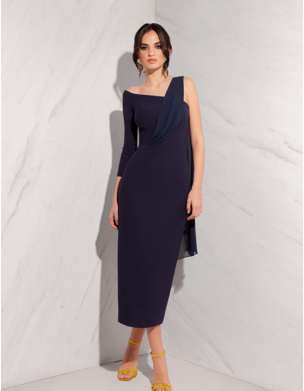 Midi party dress with asymmetrical neckline and cape 2