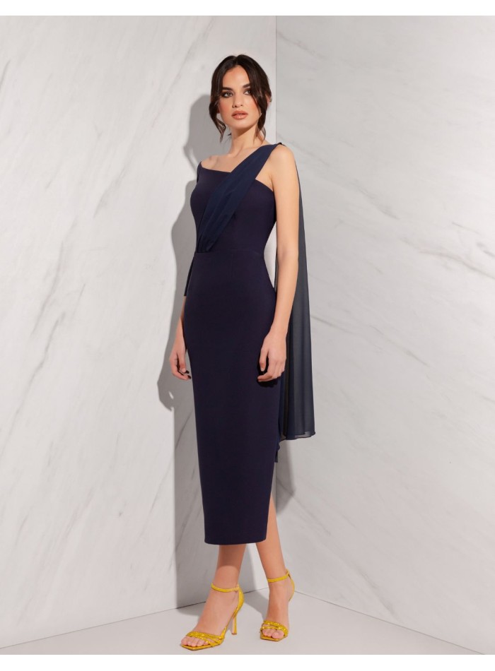 Vestido midi de fiesta con escote asimétrico y capa