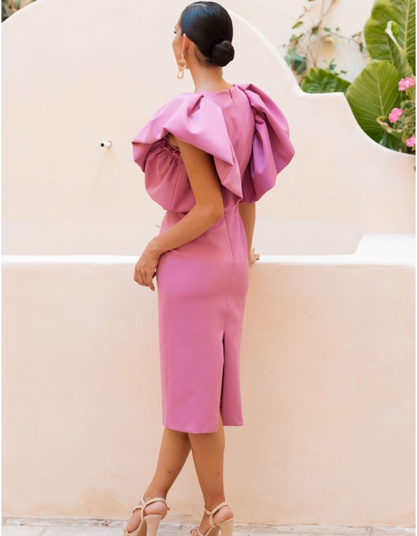 Vestido midi de fiesta liso con mangas ángel abullonadas 2