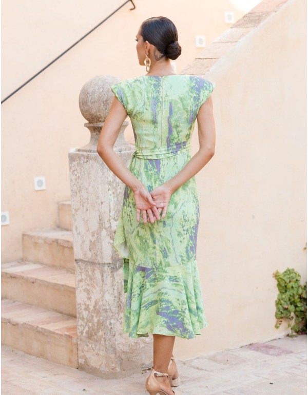 Printed midi party dress with shoulder pads and ruffles 2