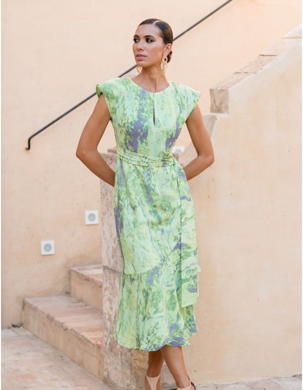 Robe de soirée midi imprimée avec épaulettes et volants