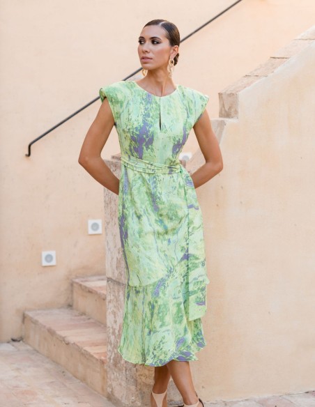 Printed midi party dress with shoulder pads and ruffles