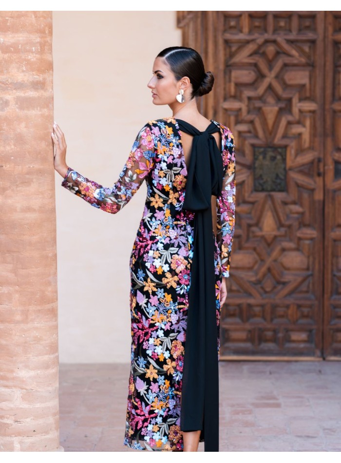 Floral print midi party dress with back lacing