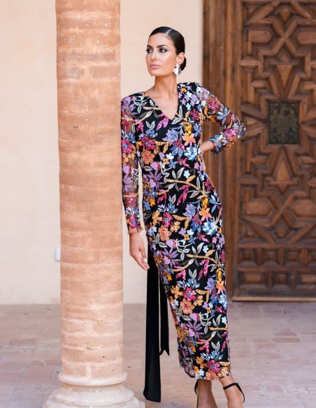 Vestido de fiesta midi estampado floral con lazada en la espalda