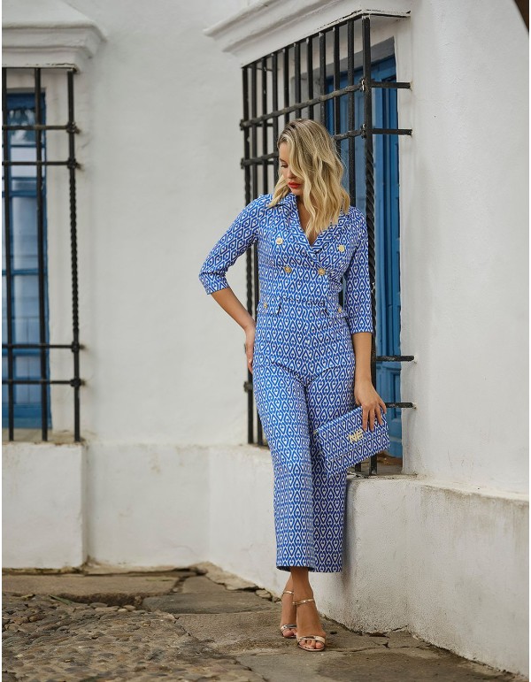 Printed party jumpsuit with gold buttons