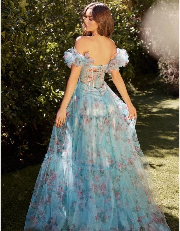 Vestido de fiesta largo con tirantes fruncidos y estampado de flores 2