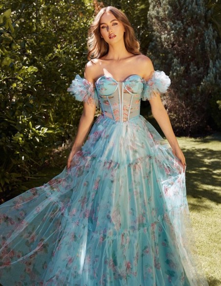 Vestido de fiesta largo con tirantes fruncidos y estampado de flores