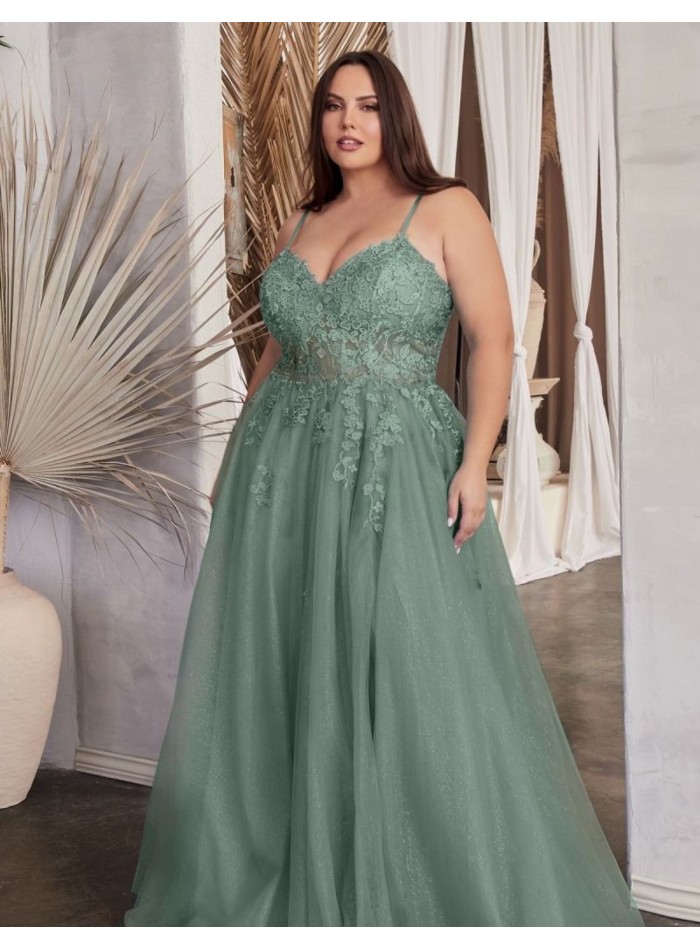 Long party dress with tulle and embroidered flower bodice