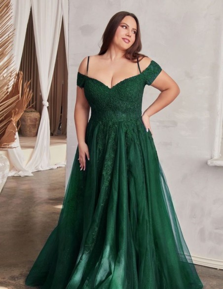 Vestido de fiesta largo escote bandeau y falda larga de tul