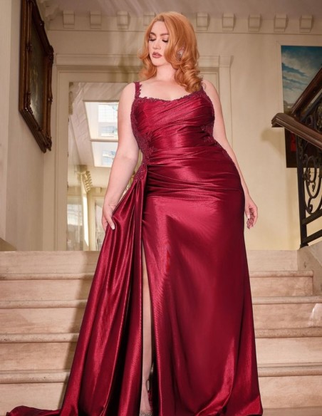 Long satin ball gown with bodice and draped train