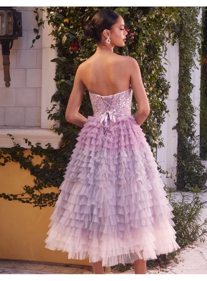 Midi dress with rhinestone bodice and tulle ruffle skirt