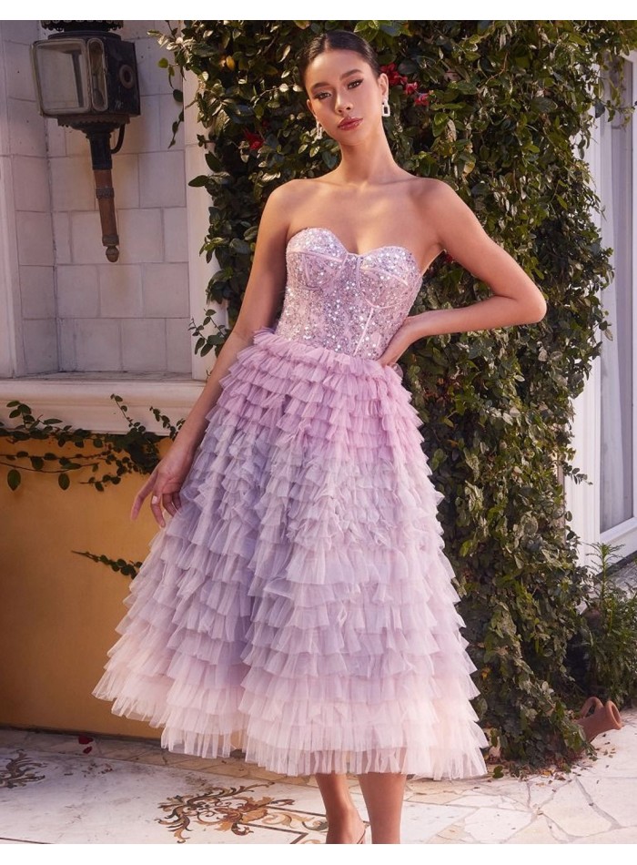 Midi dress with rhinestone bodice and tulle ruffle skirt