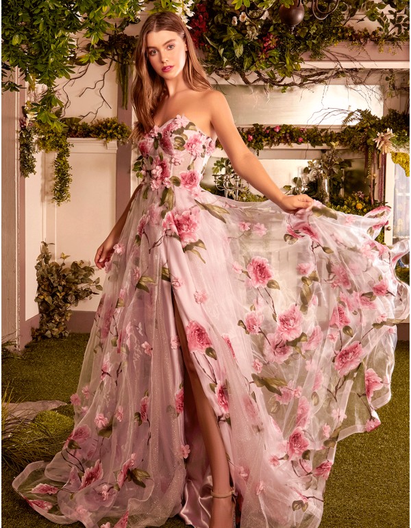 Floral organza strapless ball gown