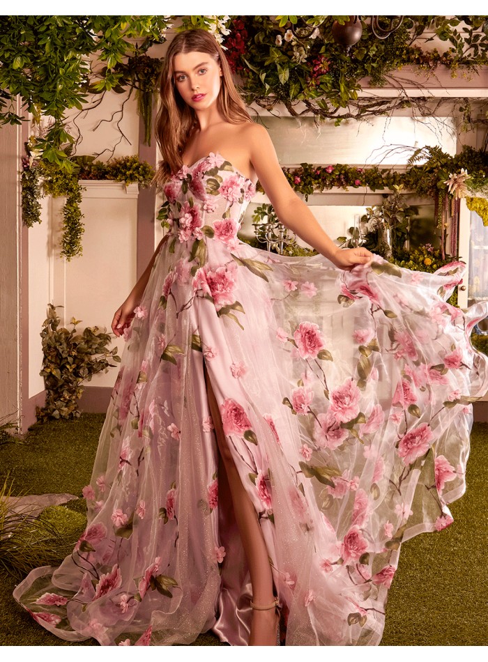 Vestido de fiesta palabra de honor de organza con flores