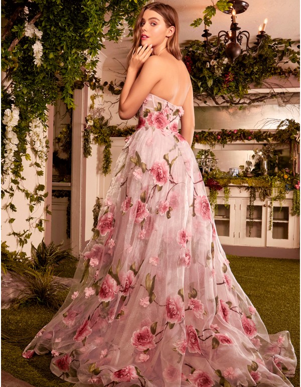 Vestido de fiesta palabra de honor de organza con flores 2