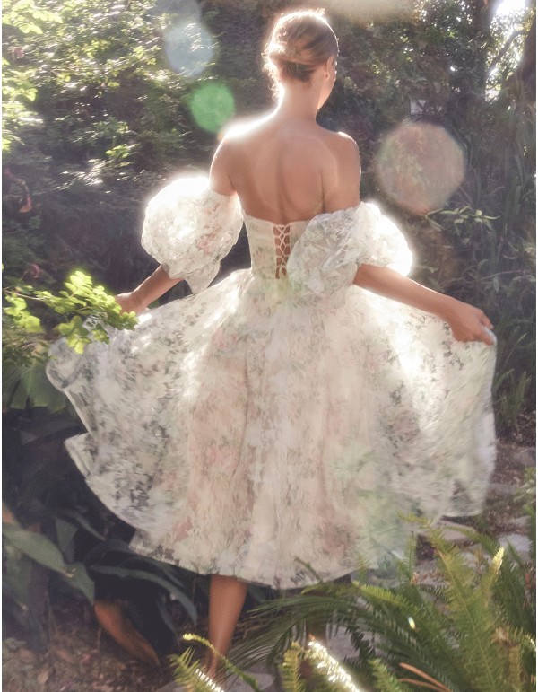 Flower print midi party dress with removable puffed sleeves 2