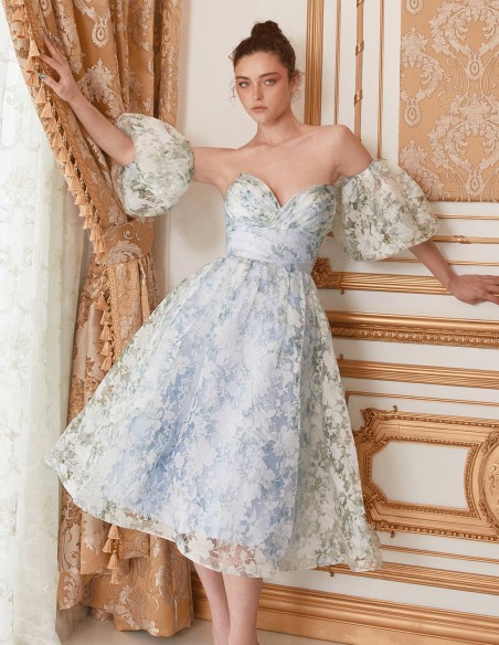 Flower print midi party dress with removable puffed sleeves