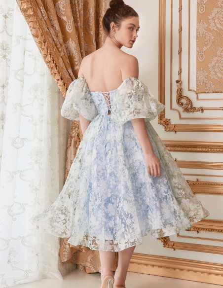 vestido de fiesta midi con estampado de flores y abullonadas  mangas extraibles